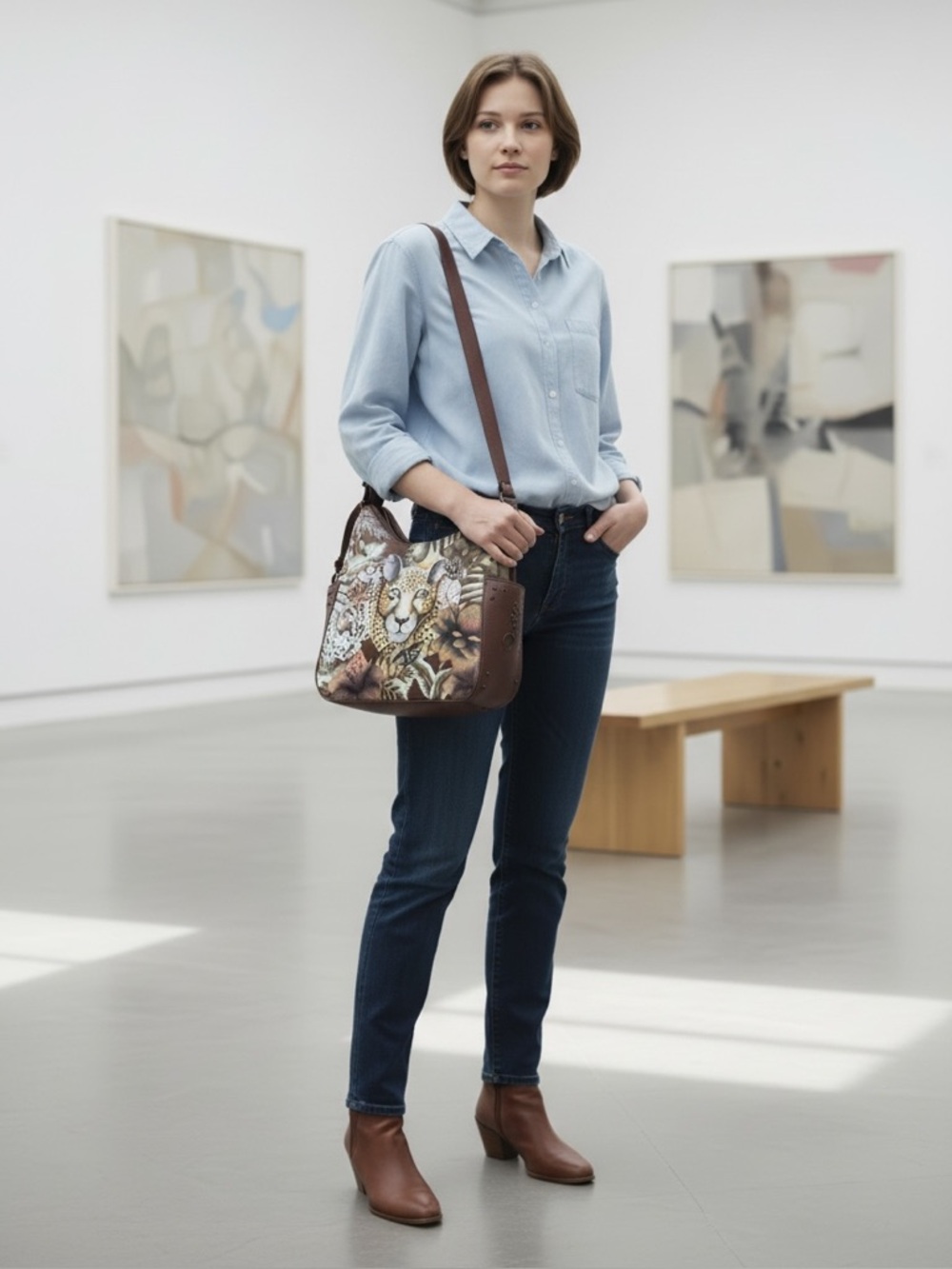 New Anuschka Genuine Leather Hand Painted African Leopard Shoulder Handbag